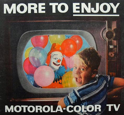 Watching Tv Illustration, Tv Illustration, Vintage Tv Ads, Color Television, Clown Illustration, Vintage Television, Clowning Around, Old Advertisements, Creepy Clown