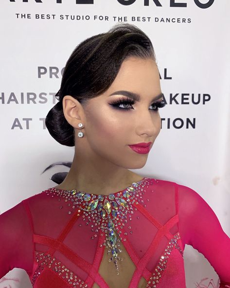 Ballroom dance makeup Ballroom Dance Makeup, Dance Makeup Tutorial, Dancesport Makeup, Rockabilly Hair Tutorials, Dance Competition Makeup, Latin Hairstyles, Eye Makeup Red Dress, Ballroom Dancing Hairstyles, Dancesport Hair