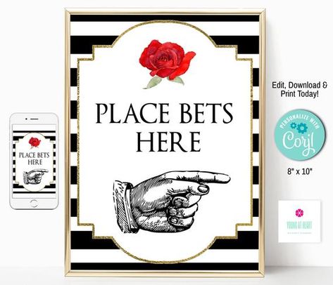 Kentucky Derby Place Your Bets Party Sign, EDITABLE TEMPLATE, Derby Party Printables, Instant Download, Red Rose, Striped Background Place Your Bets, Heart Party, Derby Party, Party Sign, Striped Background, Office Max, Sign Templates, Party Signs, Kentucky Derby