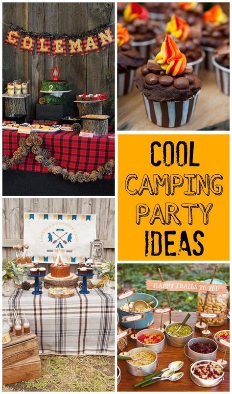 Super cool camping parties for kids. Make some smores, a bonfire, grab the tent and have fun this summer! You don't need to be at a campsite to go camping. Camping Party Ideas, Campfire Cupcakes, Camping Party Decorations, Games Camping, Camping Cookies, Camping Theme Birthday Party, Campfire Party, Camping Cakes, Camping Theme Birthday