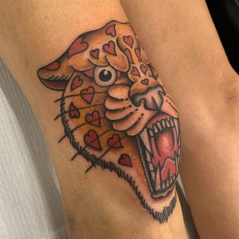 Traditional Tattoo Knee Cap, Traditional Knee Cap Tattoo, Knee Cap Tattoos, Traditional Tattoo Knee, Knee Cap Tattoo, Leopard Print Tattoos, Cap Tattoo, Houston Tattoos, Texas Tattoos