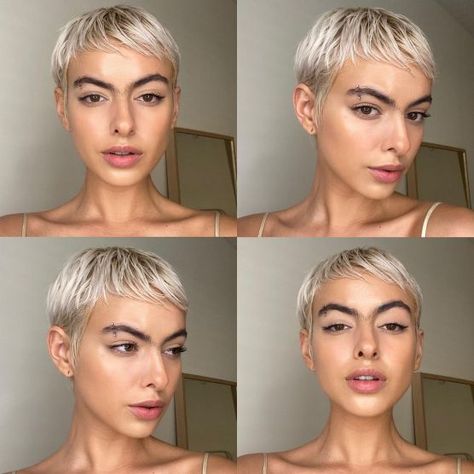 Platinum Short Pixie, Bleached Pixie Cut, Morning Hair Routine, Pixie With Bangs, Very Short Bangs, Very Short Pixie Cuts, Short Blonde Pixie, Short Pixie Bob, Platinum Pixie