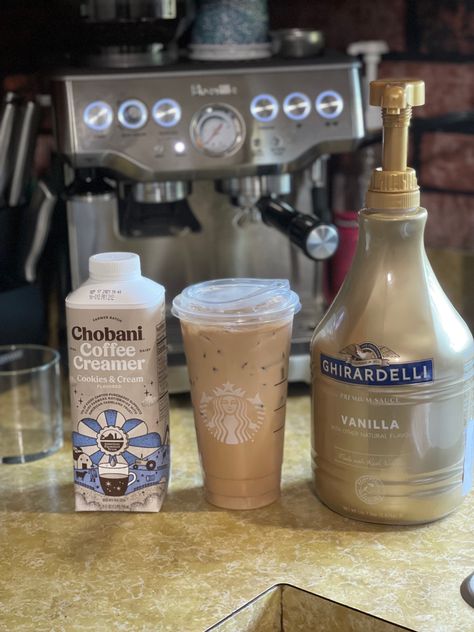 Chobani Coffee Creamer Recipe, Chobani Cookies, Cookies And Cream Cold Brew, Chobani Creamer, Diy Coffee Drinks, Homemade Coffee Drinks, Starbucks Secret Menu Recipes, Cream Cold Brew, Cold Brew Coffee Recipe