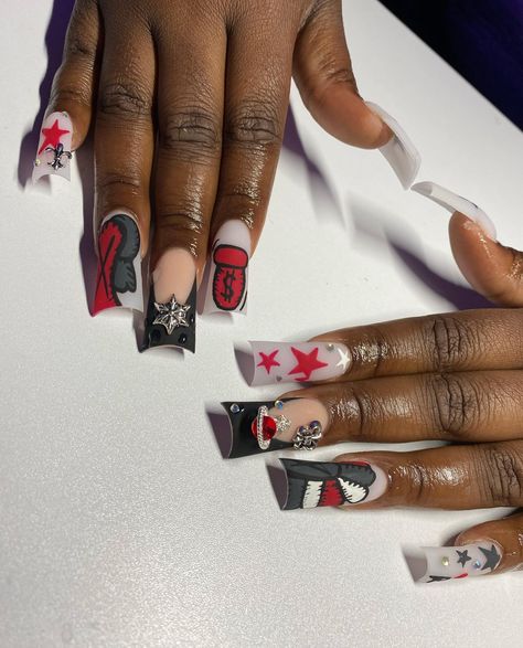 Red kaws set🖤❤️ . . . Dm to book!💖 @nailed.byjennie #longnails #blingnails #ducknails #kawsnails #nailsnailsnails #nailsofinstagram #nailsoftheday #fresnonails #fresnonailtech #explorepage Acrylic Nails With Red, Red Kaws Nails Design, Red Kaws Nails, Medium Kaws Nails, Kaws Nails Design Short Pink, Kaws Nails Short Pink, Short Nail Designs Kaws, Kaws Nails, Red Henna