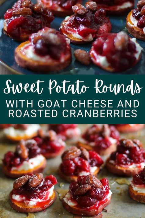 Roasted sweet potato rounds with goat cheese and roasted cranberries make a delightful festive healthy appetizer! Gluten Free Thanksgiving Appetizers, Roasted Sweet Potato Slices, Sweet Potato Rounds, Potato Rounds, Winter Dinners, Crostini Appetizers, Thanksgiving Appetizer, Sweet Potatoe Bites, Sweet Potato Slices