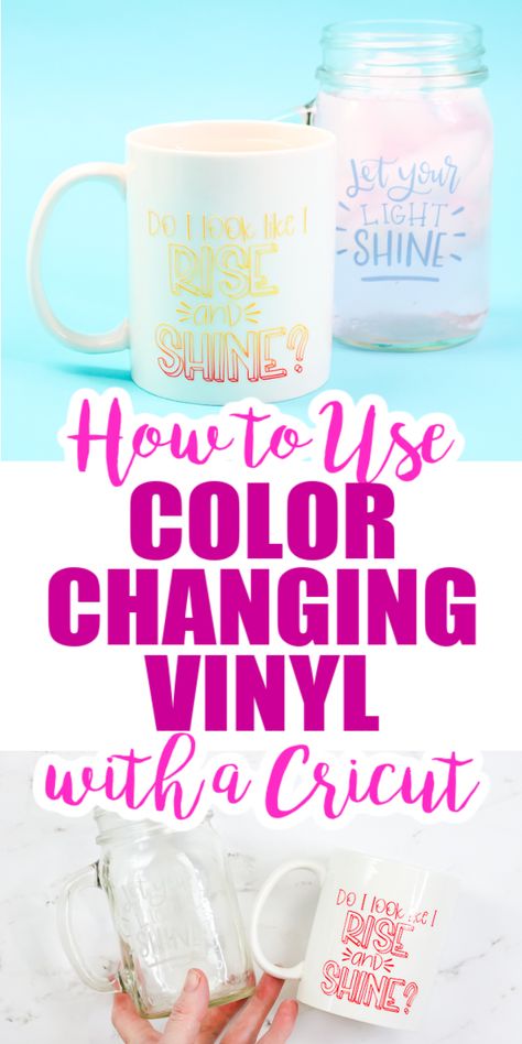 Learn how to use color changing vinyl with a Cricut machine then add it to mugs and so much more! #vinyl #cricut #cricutmade #colorchanging Color Changing Vinyl Ideas, Color Changing Vinyl, Cricut Mugs, Cricut Air 2, Cricut Hacks, How To Make Labels, Cricut Projects Beginner, Mug Press, Cricut Joy