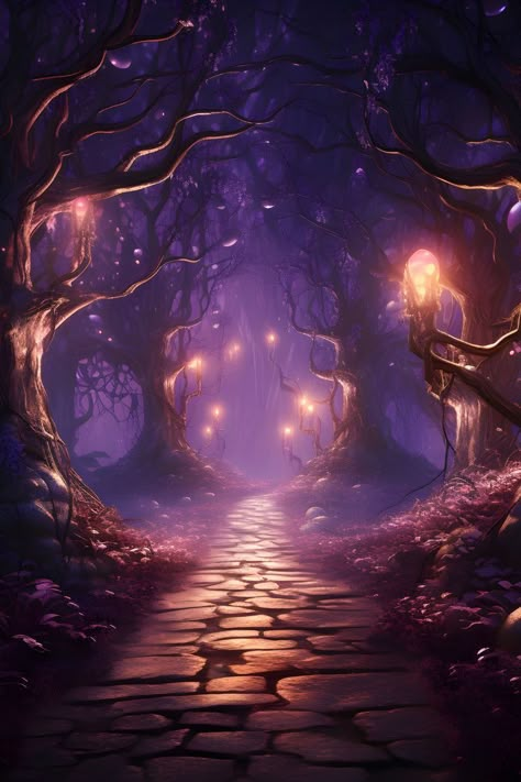 A magical forest swathed in eerie purple light can be seen. Surprisingly, the crystals lighting the way have a warm glow that draws you to them. Leafless, gnarled trees can be seen on either side and the deeper you go along the path, the deeper the purple fog becomes. 

Check out matching stickers that fit this gothic aesthetic on Aura Dreamer Co. Witchy Aesthetic Wallpaper, Background Witchy, Aesthetic Wallpaper Halloween, Spotify Playlist Names, Gojo Satoru Wallpaper, Jjk Wallpaper, Cobblestone Path, Fireplace Tv Wall Decor, Purple Books