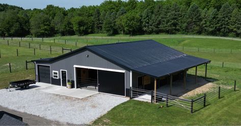 Here is a beautiful pole barn we did last fall for a customer in Middlefield, Ohio!! It is 40x48 with a 10' lean-to. Inside are (4) 12x12 stalls with 4' dutch doors leading out into the pasture, a 10x16 shaving area, insulated tackroom, and a large open area for hay/storage. The customer did a great job with fencing to make the project complete!! ktbarns.com #ktbarns #ktbarnsohio #barnsforsaleohio #barnmanufacturer #barnbuilder #custombuildings #monitorbarns #polebarns #poleshelter #horsebar... Pole Barn Horse Barns, Pole Barn With Apartment, Pole Barn Ideas, Livestock Barn, Hay Storage, Dutch Doors, Barn Builders, Barn Apartment, Lean To