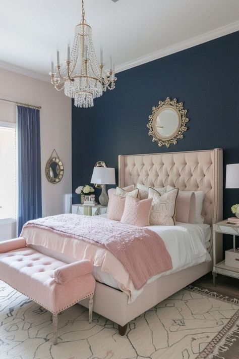 Bedroom designing ideas Pink Kids Bedrooms, Light Pink Bedrooms, Blue And Pink Bedroom, Beautiful Bedroom Colors, Pink Bedroom Design, Navy Blue Bedrooms, Blue And White Rug, Pink Bedroom Ideas, Pink Bedroom Decor