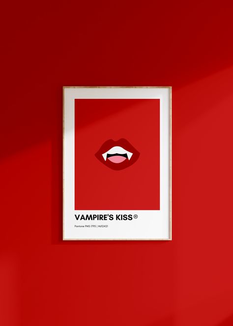 "Vampire's Kiss" Pantone Print Poster from our Halloween Pantone Collection 👻🎃🦇🖤💀🌙 pantone wall art, pantone poster, pantone print, pantone red, pantone red wall art, pantone red poster print, pantone halloween colors, halloween wall art, halloween wall art decor, halloween poster, halloween prints, halloween poster art, halloween poster ideas art prints, halloween decor, spooky wall art, spooky wall decor, vampire aesthetic, vampire poster, vampire printables, funny halloween decor art Vampiric Color Palette, Vampire Colour Palette, Pantone Wall Art, Vampire Poster Design, Halloween Gallery Wall Printables, Pantone Red, Vampire Kiss, Red Wall Art, Pink Posters