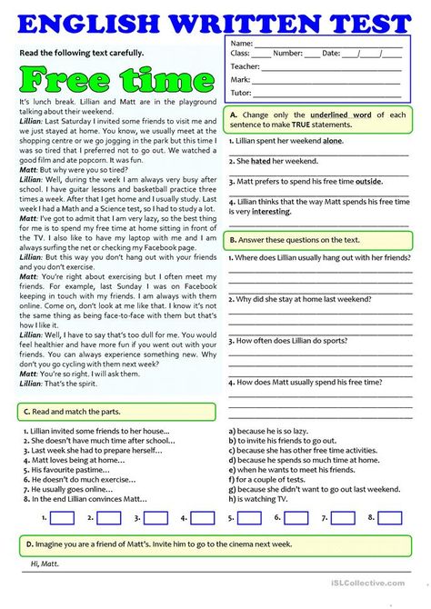 FREE TIME ACTIVITIES - TEST (A1-A2) - English ESL Worksheets Esl Reading Comprehension, English Grammar Exercises, Free Time Activities, Writing Test, English Teaching Materials, English Exercises, Writing Exercises, Comprehension Worksheets, English Activities