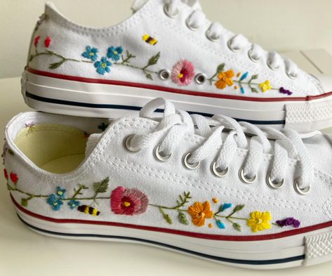 First time embroidering onto these and I love them! My fingers are sore though - didn’t realise canvas is so hard to sew through! Wedding Shoes 2022, Embroidery Sneakers, Shoe Custom, Embroidered Sneakers, Embroidered Converse, Diy Sneakers, Rainbow Wedding, Embroidery Shoes, Custom Converse