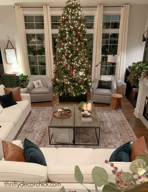 Our Warm and Welcoming Christmas Family Room Tour! | Thrifty Decor Chick | Thrifty DIY, Decor and Organizing Aesthetic Christmas Living Room, Christmas Family Room, Christmas Living Room Ideas, Tall Fireplace, Family Room Inspiration, Tall Christmas Trees, Adams Homes, Blogger Home, Thrifty Diy