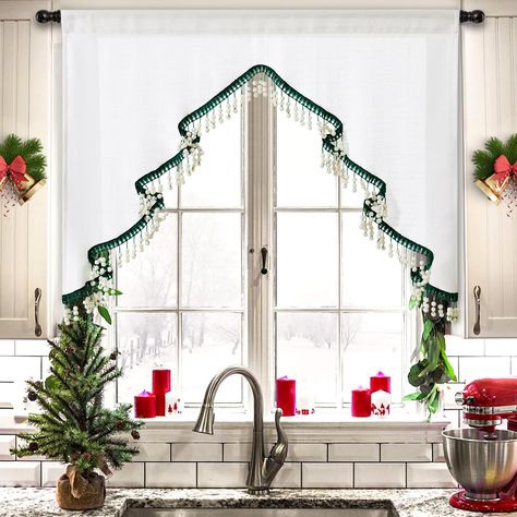 PRICES MAY VARY. -- BOHO CHRISTMAS KITCHEN DECOR -- Introducing Estmy Christmas tree Kitchen Curtain —a delightful and festive addition that brings the spirit of the holiday season into your kitchen. This boho Xmas tier curtain effortlessly combines holiday cheer, classic elegance, and practicality, making it an essential element of your Christmas decor. -- CUTE FESTIVAL KITCHEN CURTAIN FOR MULTIPLE PLACES USE -- Small holiday window Curtains suit most of the places and you can use them as tiers Vintage Curtains Kitchen, Diy Christmas Shower Curtain, Upper Cabinets Christmas Decor, Christmas Kitchen Curtain Ideas, Tall Ceiling Christmas Decor, Office Christmas Window Decor, Christmas Small Bedroom Decor, Christmas Decor Small Room, Christmas Decor Over Windows