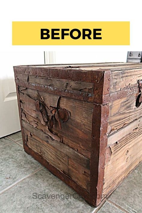 Check out this upcycle idea to turn an old trunk into a coffee table with storage. This DIY wooden chest makeover project is perfect if you're decorating on a budget so check out the before and after photos. #diy #trunk #coffeetable | sponsored Wooden Chest Makeover, Diy Wooden Chest, Diy Trunk, Wood Valances For Windows, Trunk Makeover, Chest Makeover, Build A Coffee Table, Trunk Coffee Table, Old Coffee Tables