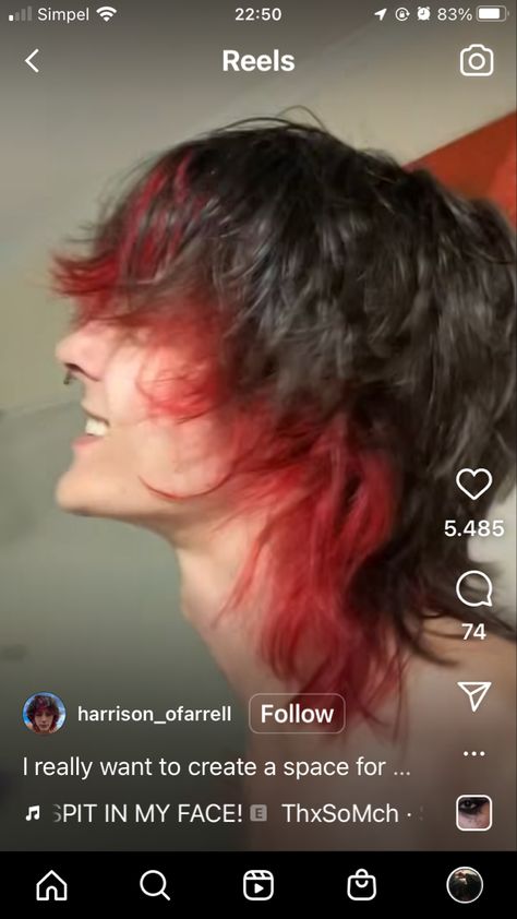 Dyed Tips Mullet, Split Dye Mullet Men, Red Tips Short Hair, Red Highlights In Short Brown Hair, Mullet Dyed Tips, Mullet Hair Dye Ideas, Red And Black Mullet, Vkei Mullet, Male Hair Dye Ideas