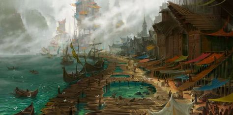 Fantasy Village, Nature Story, Fantasy Locations, Fantasy Town, Dnd Campaign, Seaside Village, Seaside Town, Fantasy Concept, Fantasy City