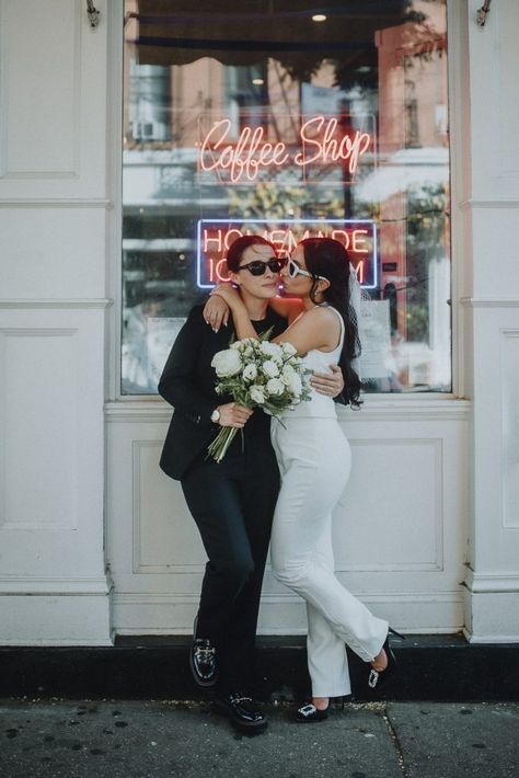 A Whirlwind Lesbian Elopement in NYC Lesbian Court Wedding, Boho Lesbian Wedding Outfits, Wedding Lesbian Couple, Queer Elopement, Lesbian Elopement Ideas, Wlw Elopement, Lgbtq Engagement Photos, Two Brides Wedding, Lesbian Elopement