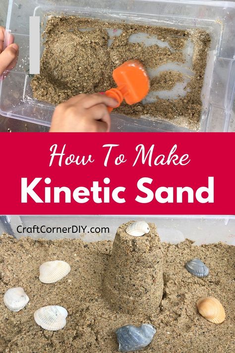 Kinetic sand is moldable and squishy.  Learn how to make your kinetic sand at home with this easy recipe.  #kineticsand #kineticsandrecipe Homemade Kinetic Sand, Make Kinetic Sand, Diy Kinetic Sand, How To Make Sand, Sands Recipe, Elephant Crafts, Kinetic Sand, Sand Crafts, Kids Sensory