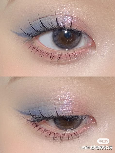 Subtle Blue Makeup, Subtle Blue Eye Makeup, Subtle Blue Eyeshadow, Blue Flower Makeup, Cute Aesthetic Makeup, Flowerknows Makeup, Princess Jewelry Box, Mermaid Eye Makeup, Flower Knows Makeup