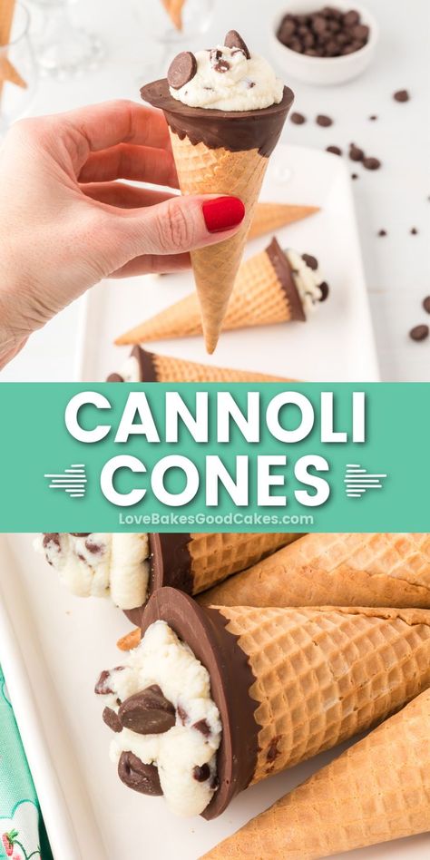 Cannoli Cones pin collage Cannoli Cones, Love Bakes Good Cakes, Good Cakes, Ricotta Filling, Cannoli Recipe, Simple Sugar, Sugar Cones, Ice Cream Desserts, Cannoli