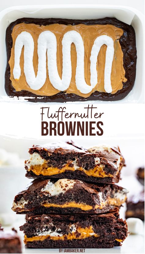 An overhead image of fluffernutter brownies being assembled, and a side image showing three brownies stacked high. Recipes With Fluff, Marshmallow Recipes Desserts, Fluffernutter Dessert, Fluffernutter Recipes, Brownie Peanut Butter Dessert, Marshmallow Fluff Brownies, Fluffernutter Cookie Bars, Fluffernutter Brownies, Peanut Butter Marshmallow Brownies