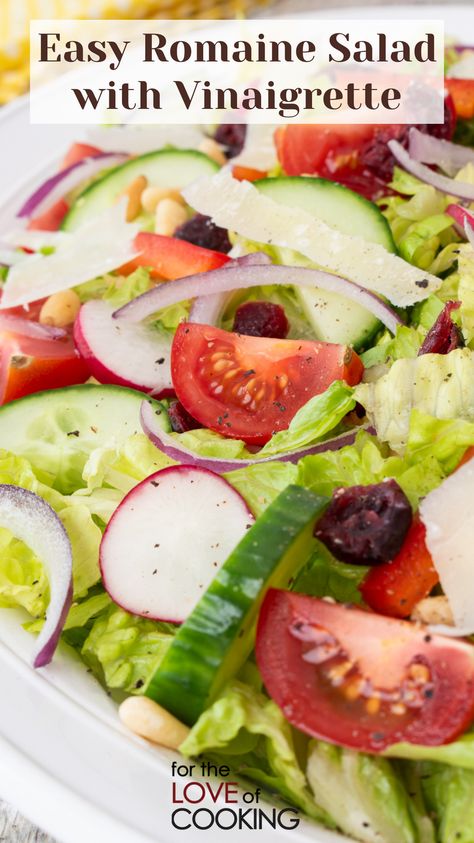 This easy romaine salad with vinaigrette is a quick and simple salad of romaine lettuce, tomatoes, bell pepper, cucumber, red onion, pine nuts, and shaved parmesan all tossed in a simple tangy vinaigrette.     #recipes #salads #vegetables #vegetarianrecipes #romainelettuce #easysalad #romaine #recipe #saladrecipe Easy Romaine Salad Recipes, Romaine Salad Recipes, Salad With Romaine Lettuce, Salad With Vinaigrette, Lettuce Recipes, Raisin Recipes, Shaved Parmesan, Seasoned Rice Vinegar, Recipes Salads