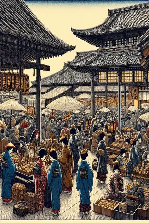 Edo Marketplace Art Check more: https://paintlyx.com/edo-marketplace-art/ Japanese Ancient, Minecraft Inspo, Asian Market, Asian Painting, East Asian, Minecraft, Jade, Japan, Anime