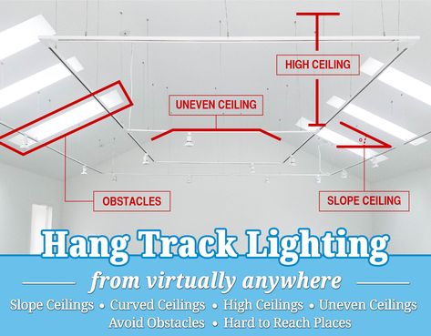 Suspend your track lighting from any height ceiling Sloped Ceiling Lighting Living Room, Suspended Track Lighting, Lighting Sloped Ceiling, Sloped Ceiling Lighting, Installing Light Fixture, Track Lighting Kitchen, High Ceiling Living Room, Track Lighting Fixtures, Track Light