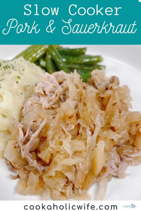 Many believe serving pork and sauerkraut on New Year's Day brings good luck, so join in on the tradition and serve this easy slow cooker recipe. Complete the meal by serving it with mashed potatoes and green beans. #porkandsauerkraut #newyearsdayrecipe #slowcookerrecipe #easyslowcookerrecipe #crockpotrecipe Pork Tenderloin With Sauerkraut, Crock Pot Pork And Sauerkraut Recipe, Slow Cooker Pork And Sauerkraut Recipe, Crockpot Pork And Sauerkraut, Sauerkraut And Potatoes, Sauerkraut Crock, Pork Sauerkraut, Pork And Sauerkraut Recipe, Pork Roast And Sauerkraut