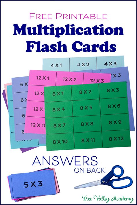 Free printable flashcards for multiplication 0-12 with answers on the back.  Helps teach kids their multiplication tables. Using for only a few minutes a day helps kids master the times tables and retain to memory.  Perfect for 3rd graders, 4th graders or older.  DIY print at home, with easy step-by-step printing instructions to print the double sided cards with answers. Free downloadable pdf. Multiplication Flash Cards Printable, Multiplication Printables, Multiplication Flash Cards, Math Worksheets For Kids, Multiplication Cards, Free Math Printables, Math Flash Cards, Multiplication Flashcards, Teaching Multiplication