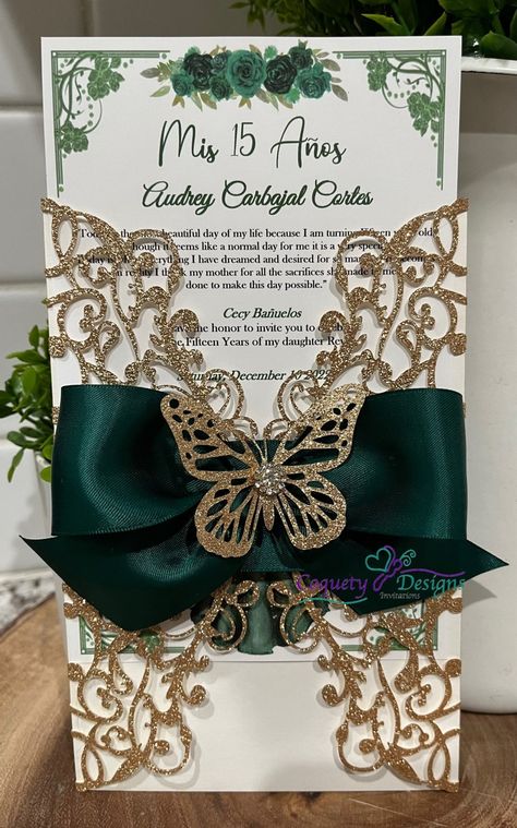 Really Beautiful Butterfly Emerald Green - Etsy Emerald Green Invitation, Emerald Green Quinceanera Theme, Enchanted Forest Quinceanera, Green Quinceanera Theme, Quince Decor, Quince Themes, Quinceanera Centerpieces, Green Invitation, Green Quinceanera Dresses