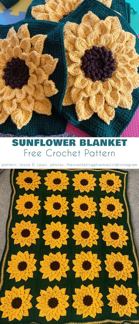 Sunflower Ideas and Free Crochet Patterns Sunflower Blanket Crochet Pattern Free, Free Sunflower Granny Square Pattern, Fall Crochet Patterns Free Blanket, Sunflower Blanket Crochet Pattern, Sunflower Square Crochet Pattern, Sunflower Crafts Diy, Crochet Squares Pattern Free, Crochet Sunflower Pattern Free, Sunflower Quilt Pattern