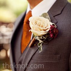 I like this suit color with the orange combo Fall Groomsmen, Fall Boutonnieres, 1920 Style, Burnt Orange Weddings, Rose Boutonniere, Orange Tie, Garden Rose, Fall Wedding Ideas, Orange Wedding