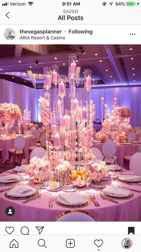 Pastel Reception, Aria Hotel Las Vegas, Centerpieces Quinceanera, Unique Event Decor, Pink Wedding Receptions, Colorado Springs Wedding, Quinceanera Pink, Candelabra Wedding, Pink Centerpieces