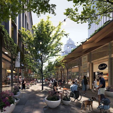 Amazon’s Newest Headquarters is a Helix Tower Covered in Trees Shopping Street Architecture, Streetscape Design, Plaza Design, Bar Exterior, Sustainable Environment, Urban Landscape Design, Outdoor Shopping, Mall Design, Commercial Street