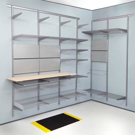 Top Track Wall Mounted Shelving Silver Components Adjustable Wall Shelving, Adjustable Closet Shelving, Track Shelving, Messy Garage, Wall Mounted Shelving, Garage Organisation, Aluminum Shelves, Work Benches, Cabinets Storage