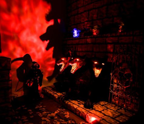 Hell Halloween Decorations, Hell Themed Party, Halloween Gala, Halloween Wishlist, Fireplace Decorations, Scary Vampire, Vampire Castle, Vampire Party, Halloween Fireplace