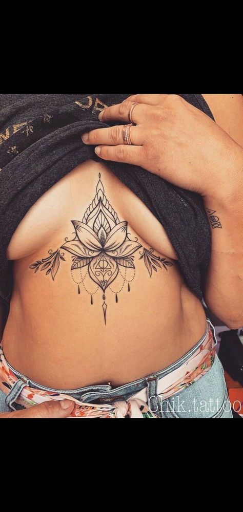 Underboob Tattoo Designs, Lotus Tattoo Design, Underboob Tattoo, Hip Tattoos Women, Inspiration Tattoos, Chest Tattoos For Women, Tattoos Skull, Sternum Tattoo, Lotus Tattoo