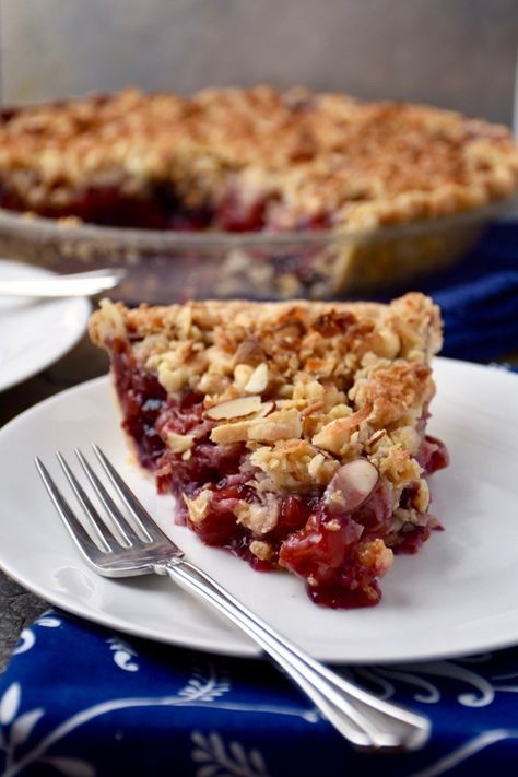 Double Cherry Crunch Pie | Laura's Cozy Kitchen Cherry Crunch, Coconut Almonds, Almond Crunch, Cherry Coconut, Pie Crumble, Frozen Cherries, Cherry Almond, No Bake Brownies, Cherry Tart