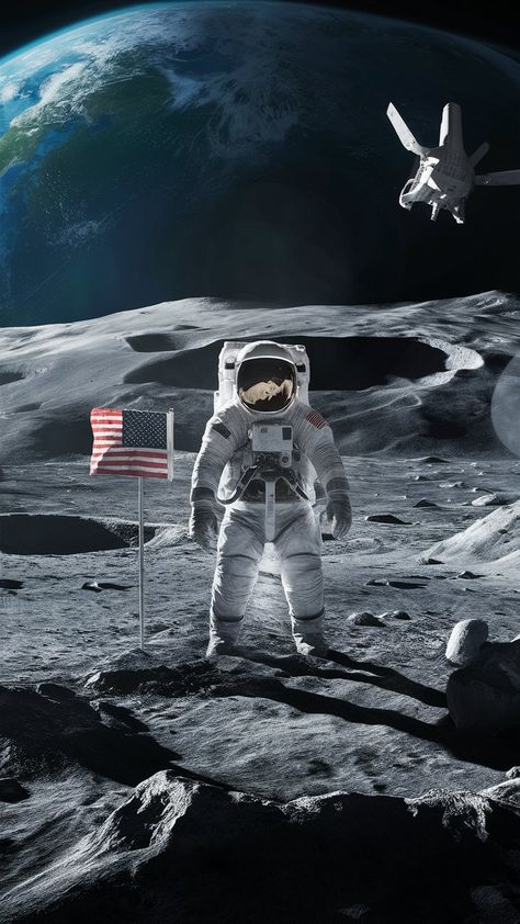 A stunning image of an astronaut standing on the moon's surface, surrounded by craters and lunar rocks. The astronaut is wearing a white and silver spacesuit, with a small American flag planted next to them. The spaceship can be seen in the distance, hovering above the moon's surface. The overall ambiance of the image is one of vast, desolate beauty, with the Earth visible in the far background. Astronaut On Moon, Astronaut Standing, Moon Astronaut, Small American Flags, Moon Surface, The Astronaut, Space Suit, On The Moon, Spaceship