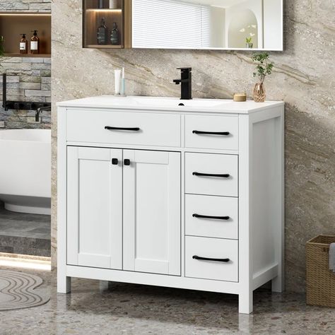 Willa Arlo Interiors Manrique 36" Single Bathroom Vanity Set with Ceramic Top, Water Saving Faucet & Reviews | Wayfair Mom Bathroom, 30 Inch Bathroom Vanity, 36 Inch Bathroom Vanity, 36 Bathroom Vanity, Sink Top, White Countertops, Water Saving, Bathroom Vanity Set, Ceramic Sink