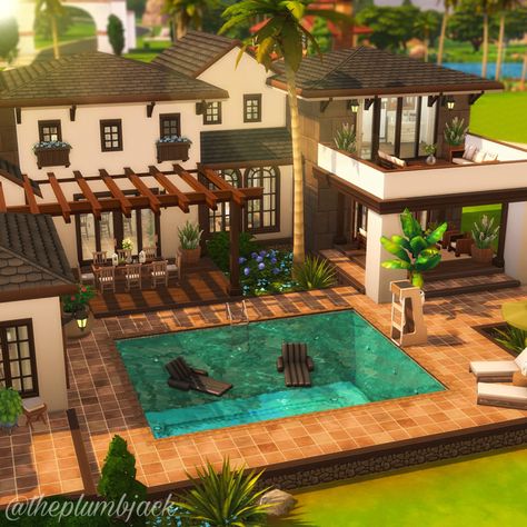 Mediterranean Homes Sims 4, Sims 4 Small Mansion, Sims House Inspo Exterior, Sims World Ideas, Bloxburg House Ideas Tropical, Sims 4 Balcony Ideas, Backyard Sims 4, Sims 4 Front Yard, Sims House Ideas Exterior