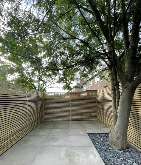 Venetian fence panels DIY. Modern panelling for gardens and patios. Roof Batten Fence, Venetian Fence, Batten Fence, Panelling Diy, Slat Fence, Slatted Fence, Slatted Fence Panels, Garden Renovation, Urban Island