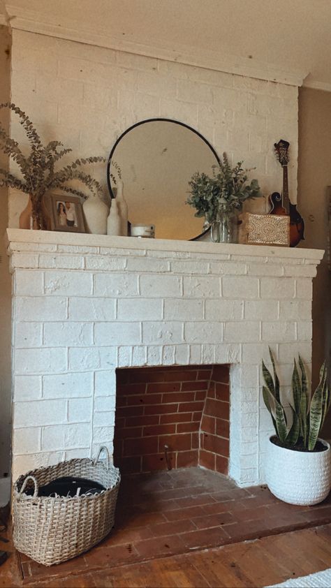 Fireplace Mantle Decor Boho, White Brick Mantle Decor, Boho Modern Mantle Decor, Mantle Above Wood Stove, Modern Boho Fireplace Mantle Decor, Fireplace Boho Decor, Brick Mantle Fireplace, Boho Fireplace Ideas, White Brick Fireplace Decor