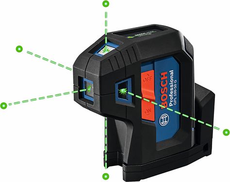 5 POINT LASERS - Projects 5 bright green dots on top, bottom, left, right, and in front. This highly accurate dot point laser is ideal for construction projects that require squaring up layout walls and transferring / aligning plumb points. CAUTION: This is a point laser, not a cross line laser. Please see the GLL100GX model or similar for cross-line options. GREEN-BEAM, 125 FT – 4x brighter than red laser for optimal visibility in indoor and partially outdoor jobsites. Offers ±1/8 In. accuracy Red Beam, Laser Levels, Laser Level, Green Laser, Diy Trends, Roll Cage, Diode, Workshop Equipment, Carrying Case