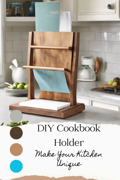 Create a rustic cookbook holder for your kitchen with this easy DIY project! Follow our step-by-step guide to craft a charming stand that holds your favorite recipes in style. Ideal for those who love farmhouse decor and enjoy a fun crafting project, this homemade cookbook stand will make a great addition to your kitchen. Cookbook Holder Diy, Making A Cookbook, Distressed Wood Furniture, Diy Cookbook, Cookbook Stand, Kitchen Unique, Homemade Cookbook, Cookbook Holder, Cook Book Stand