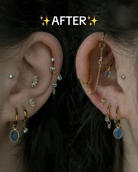 Piercing Setup Ear, Symmetrical Ear Piercings, Asymmetrical Ear Piercings Both Ears, Ear Art Piercings, Stacked Lobes Piercing, Stacked Earrings Aesthetic, Ear Piercings Both Ears, Ear Curation Gold, Feminine Piercings