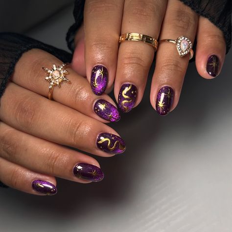 In love w celestial szn✨🔮 #nails #nailart #naildesigns #nailsofinstagram #nailsnailsnails #nailsmagazine #nailsonfleek #nailstyle #nailtrends #nailartist #nailinspo #shortnails #naturalnails #almondnails #celestialnails #chromenails #fallnails #winternails #halloweennails #cateyenails Purple Space Nails, Dark Purple And Gold Nails, Mystical Nail Designs, Space Nails Galaxy, Purple And Gold Nails Designs, Midnight Purple Nails, Gold And Purple Nails, Purple Heart Nails, Purple And Gold Nails