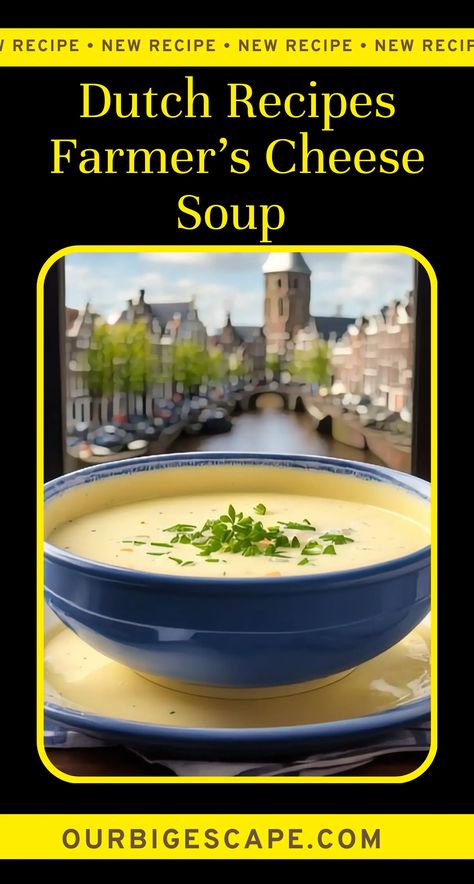 Dutch Farmer's Cheese Soup Recipe: The Dutch Farmer's Cheese Soup (also known as Boerenkaas Soep) is a hearty and satisfying example of traditional Dutch home cuisine. This homey, filling soup is a hit with both foreigners and locals thanks to its harmonious balance of flavors and textures. The rich, creamy base and tasty cheese bits in this soup are a tribute to the Dutch love of dairy products. Dutch Soup, Dinner Around The World, Farmer Cheese, Farmer’s Cheese, Dutch Cuisine, Dutch Cheese, Cheese Soup Recipe, Trip To Amsterdam, Cheese Soup Recipes